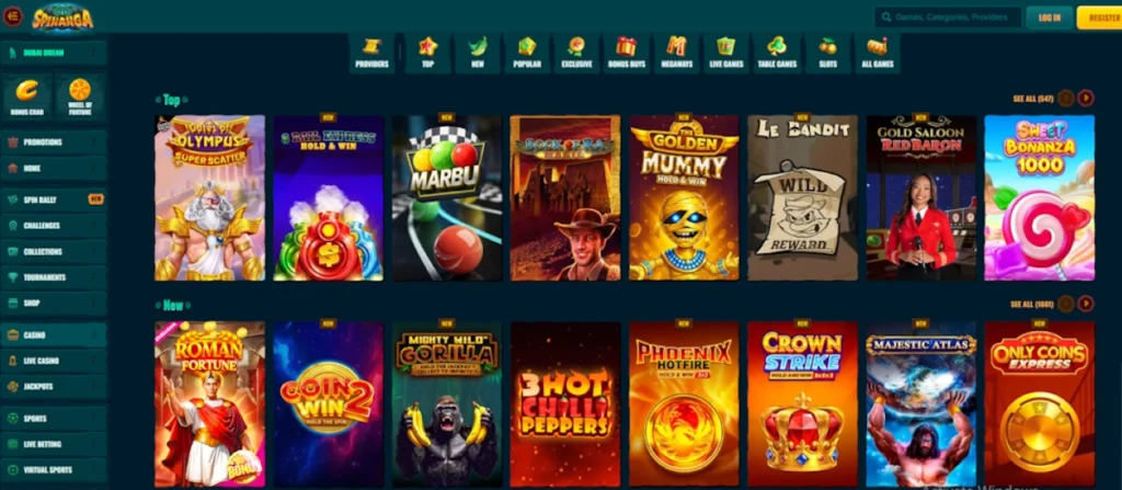 Spinanga casino Games Loby Screenshot